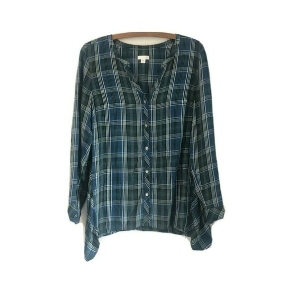 J Jill Womens Teal Plaid Asymmetric Hem Tunic Button Down Shirt Medium - Picture 1 of 6